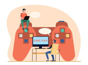 Cyber sport competitors. Tiny gamers playing online game at huge controller. Flat vector illustration. Entertainment, leisure, virtual activity concept for banner, website design or landing web page